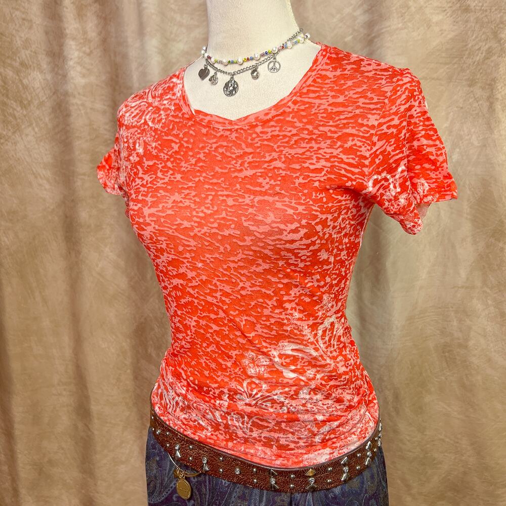 Vintage Y2K Baby Tee Floral Burnout T-Shirt Orange Sheer Fitted Indie Boho Top